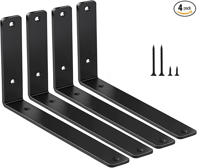 4 Pack - L 11" x H 6" x W1.5, 5mm Thick Black L Shelf Bracket, Iron Shelf Brackets, Metal Shelf Brackets, Floating Shelf, Shelf Supports with Screws