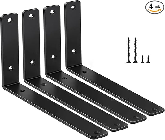4 Pack - L 11" x H 6" x W1.5, 5mm Thick Black L Shelf Bracket, Iron Shelf Brackets, Metal Shelf Brackets, Floating Shelf, Shelf Supports with Screws