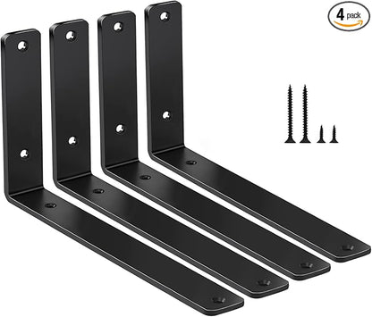 4 Pack - L 10" x H 6" x W1.5, 5mm Thick Black L Shelf Bracket, Iron Shelf Brackets, Metal Shelf Brackets, Floating Shelf, Shelf Supports with Screws