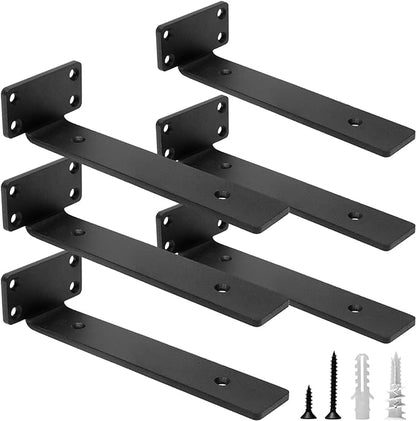 HITOMEN Heavy Duty Floating Shelf Brackets, 8-Inch (1/5'' Thick) Hidden Shelves Hardware, Iron L Brackets, Rustic Industrial Black Metal Wall Shelving Supports, 6 Pack
