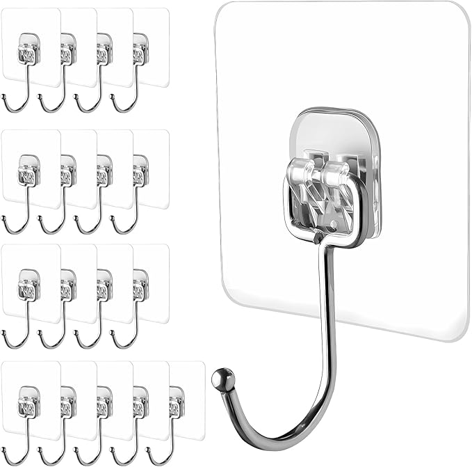 Large Adhesive Hooks, 18-Pack Hold 44lb(Max) Heavy Duty Sticky Hooks,Waterproof & Rustproof Wall Hook for Hanging Can be Use Kitchen Bathroom Outdoor Ceiling Office, Transparent