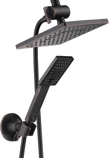 BRIGHT SHOWERS Rain Shower Head with Handheld Spray, 8 Inch Rainfall Shower Head Combo with 60" Hose, Adjustable Dual Square Showerhead Set with 3-Way Diverter, Wall Bracket, Oil-Rubbed Bronze