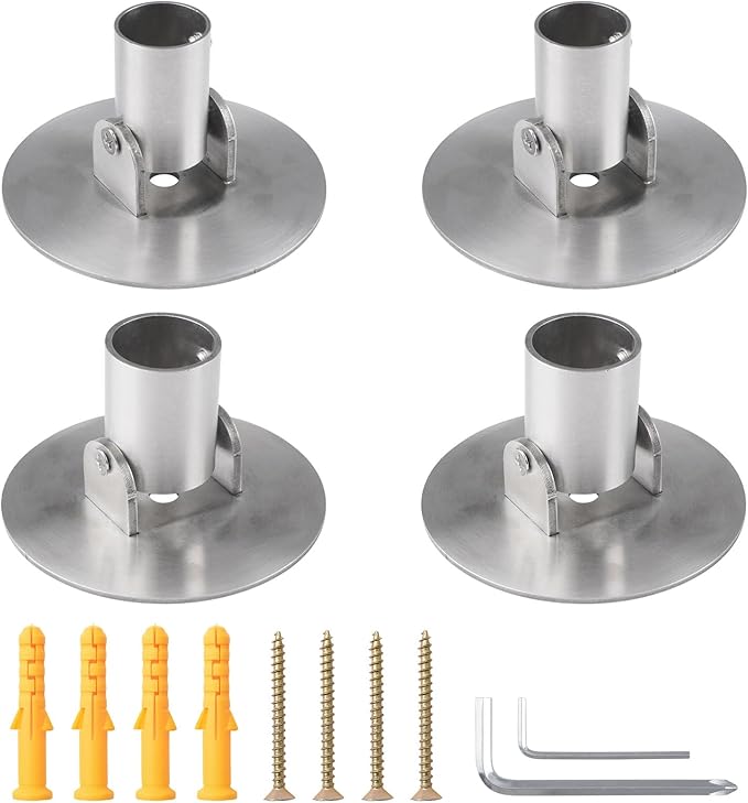Adjustable Shower Curtain Rod Bracket, 4Pcs Different Sizes Titanium Steel Single Swivel Flange Heavy Duty Closet Rod Holder with Screws (Silver, Inner Dia. 22mm & 26mm)