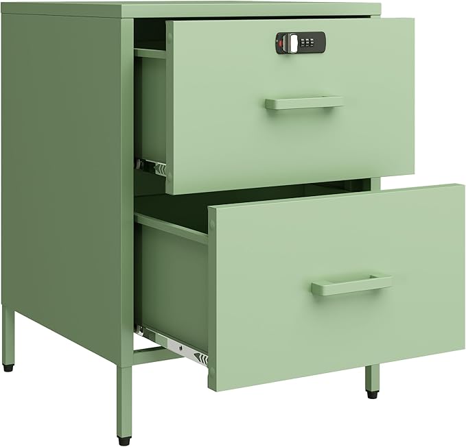 2 Drawer End Side Table with Lock Metal Nightstand, Lockable Storage Cabinet Kids Cabinet for Living Room, Bedroom, Dorm, 21.26”H X 15.75”W X 15.75”D (2 Drawer, Green)