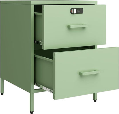 2 Drawer End Side Table with Lock Metal Nightstand, Lockable Storage Cabinet Kids Cabinet for Living Room, Bedroom, Dorm, 21.26”H X 15.75”W X 15.75”D (2 Drawer, Green)