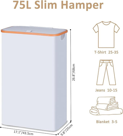 Slim Laundry Basket with Lid, Narrow Dirty Clothes Hampers for Laundry with Handle, Skinny Laundry Bin for Laundry Room, Dorm, Bedroom and Bathroom, 19.8 Gallon (75L) White