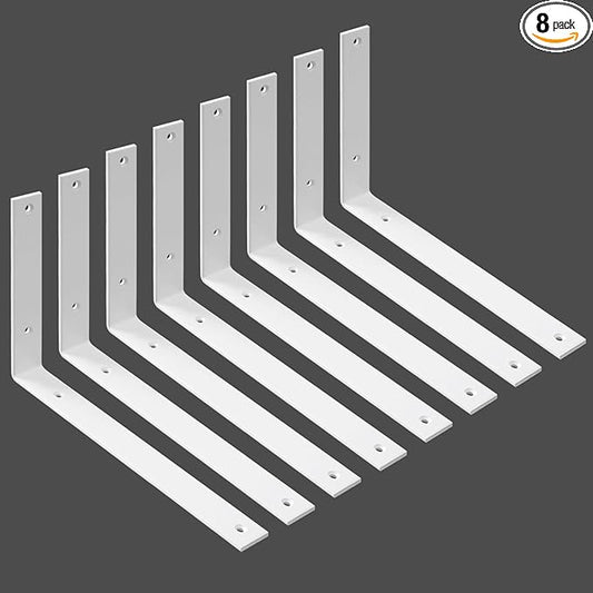 WINKER Shelf Bracket 8 Pack 12" Lx8 Hx1.5 W 5mm Thick Heavy Duty White 12 Inch Metal Iron L Brackets for Wall Shelves