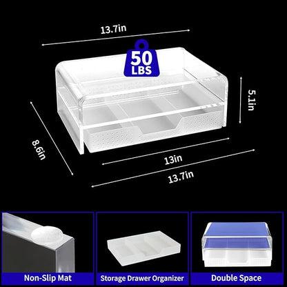 OPNICE Acrylic Clear Desk Organizers and Accessories, 2-Tier Computer Monitor Stand Riser with Drawer, Laptop Stand, Office Desk Accessories for Office Supplies, Transparent