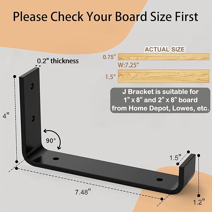 LuckIn 8 Inch Wall Shelf Brackets (Fit 7.25" Board) 4-Pack, Heavy Duty Black Iron, Mantel, Kitchen, Bathroom Floating Shelf Hardware