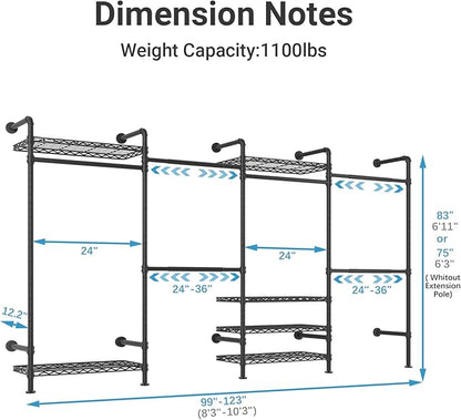 Timate F4 Wall Mounted Clothes Rack Industrial Pipe Clothing Rack for Hanging Clothes, Expandable Garment Rack Heavy Duty Wardrobe Closet Organizer and Storage, Black Adjustable Industrial Closet Kit