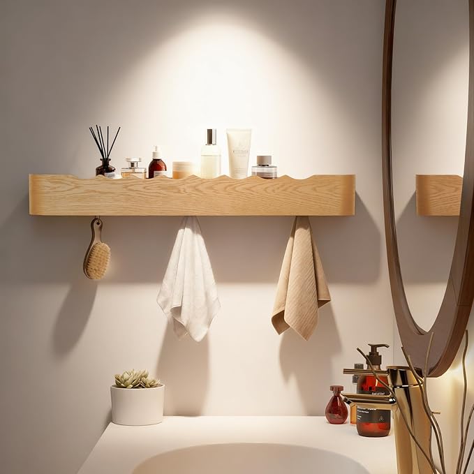 Wall Coat Rack Floating Shelves Modern Coat Rack Wall Mount with Storage Entryway Shelf Wooden Hanger 20 Inch 4 Hidden Metal Hooks for Living Room Bedroom (Wavy Oak, 8 Hooks)