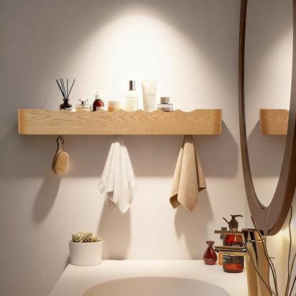 Wall Coat Rack Floating Shelves Modern Coat Rack Wall Mount with Storage Entryway Shelf Wooden Hanger 20 Inch 4 Hidden Metal Hooks for Living Room Bedroom (Wavy Oak, 8 Hooks)