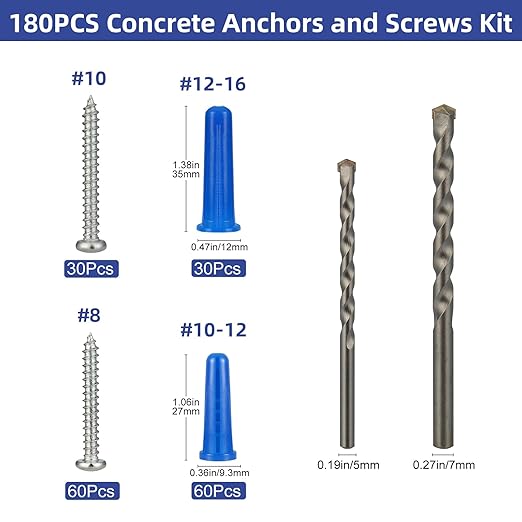 180PCS Conical Concrete Anchors and Screws Assortment Kit, 90PCS Concrete Wall Anchors, 90PCS Self Tapping Screws for Masonry Stucco Brick Cement Cinder Block Tile, with 2PCS Drill Bit