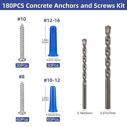 180PCS Conical Concrete Anchors and Screws Assortment Kit, 90PCS Concrete Wall Anchors, 90PCS Self Tapping Screws for Masonry Stucco Brick Cement Cinder Block Tile, with 2PCS Drill Bit