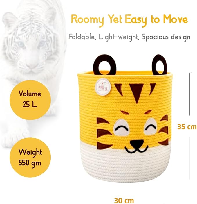Collapsible Kids Laundry Basket & Toy Storage Organizer | Large Tiger Woven Cotton Rope Bin for Stuffed Plushies | Cute Animal Design Hamper with Cutout Handles for Nursery, Playroom & Living (Tiger)