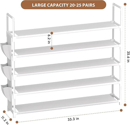 OYREL 5 Tier Shoe Organizer, 33.3in Wide x 11.2in Deep x 35.6in Tall, Black Metal and Plastic Shoe Rack with Side Bag, Holds 20-25 Pairs of Shoes