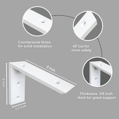 Countertop Support 2 Pack 8 Inch Heavy Duty 3/8" Thick White Granite Bracket 8"x6"x2.5" Shelf L Mantel Corbels for Quartz/Wood/Concrete/Laminate