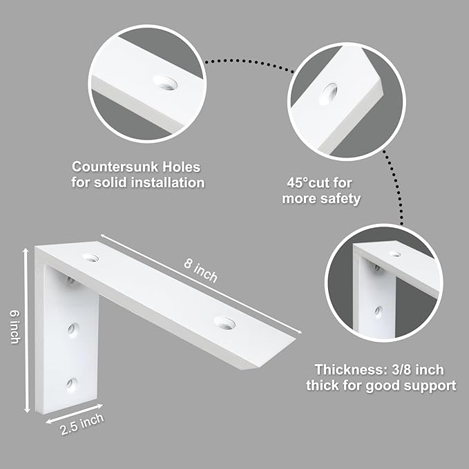 Countertop Support Bracket 4 Pack - 8 Inch Heavy Duty 3/8" Thick White Granite Shelf L Bracket 8"x6"x2.5" - Mantel Corbels for Quartz/Wood/Concrete/Laminate
