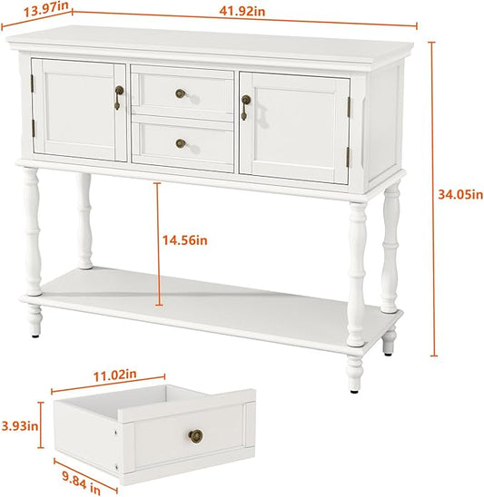 ARTPOWER Console Table with 2 Drawers, Retro Entryway Table with 2 Door Cabinets and Open Storage Shelf, Narrow Long Behind Couch Sofa Table for Living Room, Foyer, Hallway, White