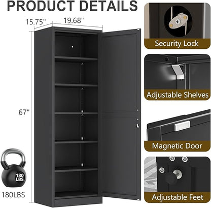 67" Metal Storage Cabinet with Lock, Tall Narrow Office File Cabinets with 5 Adjustable Shelves, Metal Steel Locker for Home, School, Office, Garage or Gym (Black)