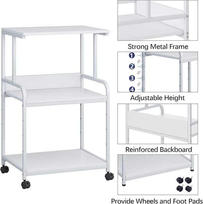 Printer Stand with Storage Shelf,3 Tier Printer Cart with Wheels,Mobile Printer Table for Home Office,Stands for Printer Heat Press Scanner Fax,Industrial Style (White)