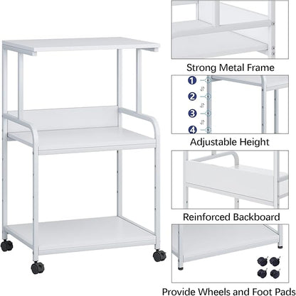 Printer Stand with Storage Shelf,3 Tier Printer Cart with Wheels,Mobile Printer Table for Home Office,Stands for Printer Heat Press Scanner Fax,Industrial Style (White)