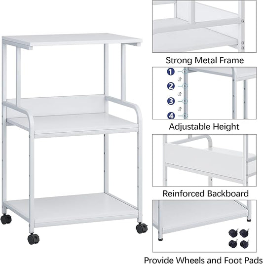 Printer Stand with Storage Shelf,3 Tier Printer Cart with Wheels,Mobile Printer Table for Home Office,Stands for Printer Heat Press Scanner Fax,Industrial Style (White)