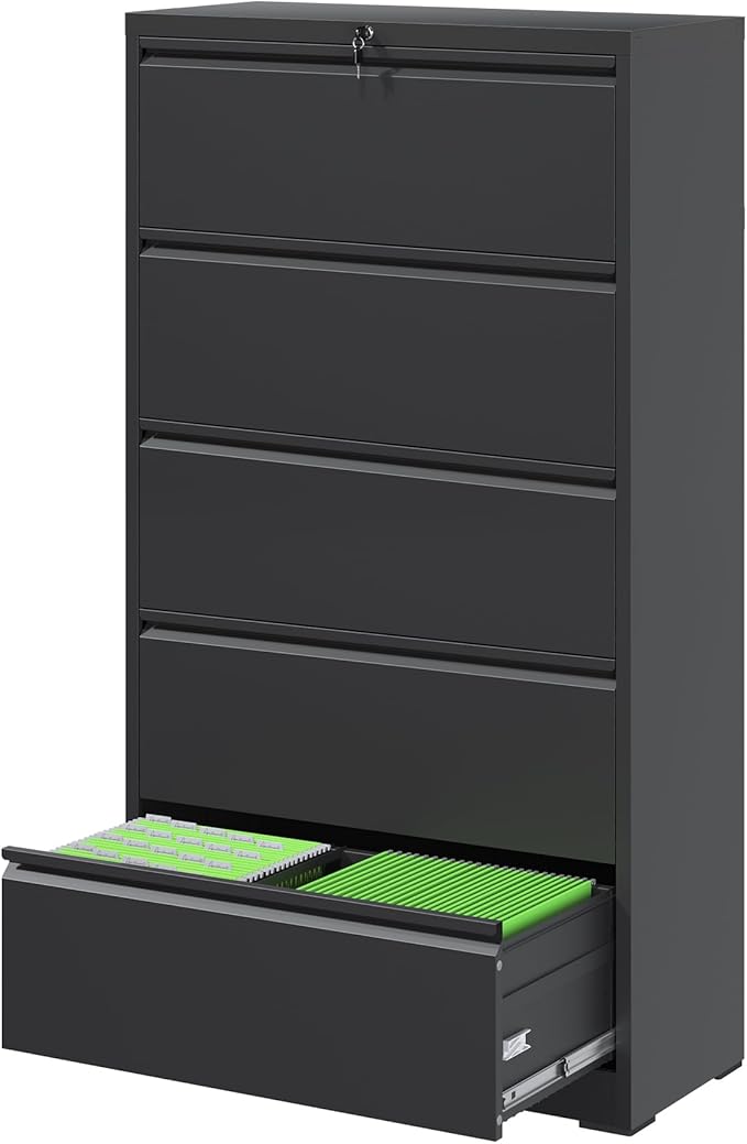 File Cabinets 5 Drawer,Metal Office Storage Filing Cabinet with Lock,White Lateral Filing Cabinet for Home Office,Horizontal Locking File Cabinet for Legal/Letter/A4,Assembly Require,Black