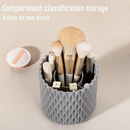 Anyoifax Makeup Brush Holder Organizer 362°Rotating Make Up Brushes Container for Vanity, Spinning Cosmetics Storage Cup, Ripple Gray