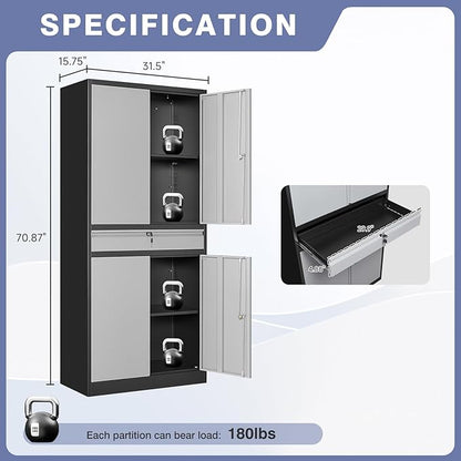 Metal Storage Cabinet with Drawer, Garage Storage Cabinet with Locking Doors and Adjustable Shelves for Garage, Home Office,Warehouse