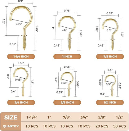 RELBRO Screw Hooks, 6 Sizes Metal Screw in Cup Hooks, 1/2 Inch, 5/8 Inch, 3/4 Inch, 7/8 Inch, 1 Inch, 1-1/4 Inch, Gold, 110 Pcs