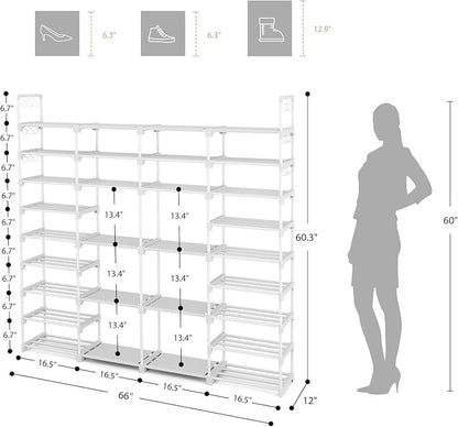 ROJASOP Large Shoe Rack Organizer for Entryway Closet 64-68 Pairs 9-Tier Heavy Duty Tall Garage Shoe Rack Shoe Shelf Shoes Storage with 18 Pcs Removable Side Hooks for Bedroom and Garage White