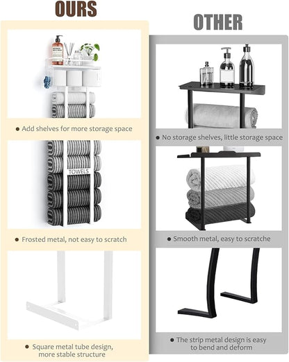 Towel Racks for Bathroom 31inch Wall Mounted Towel Rack,Floating Shelf with Wood Plank,Towel Storage for Bathroom Can Holds 6 Large Rolled Towels,All White