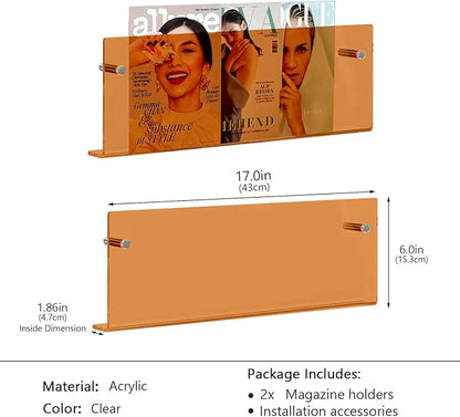 2-Pack Acrylic Magazine Holder, 24" Record Holder Magazine Rack, Fashion Hanging Bookshelf Literature Storage Rack for Waiting Room, Living Room, Office (Orange, 24 Inch)