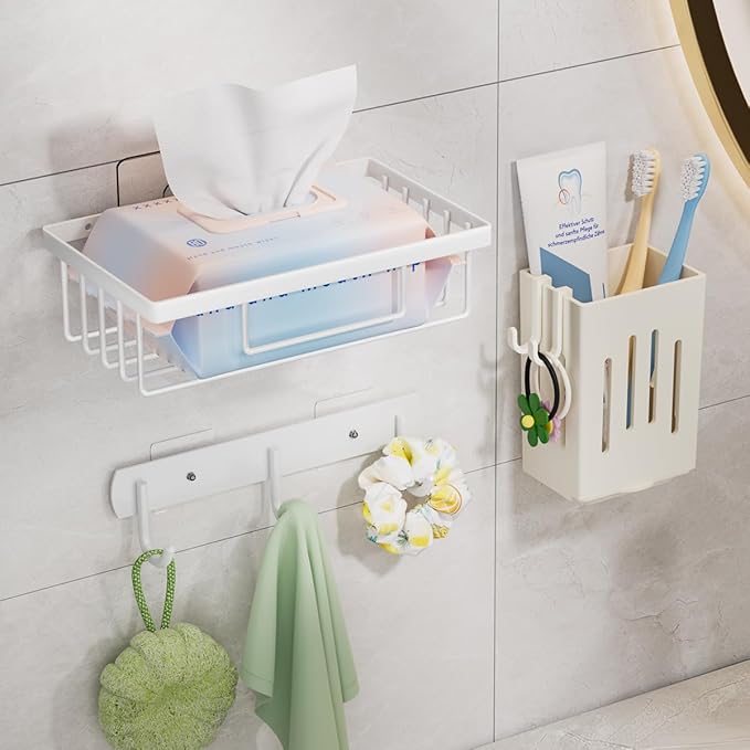 Wall Mounted Bathroom Organizer Set, White, 3-Tier Storage Basket Shelves with Soap Holder, Toothbrush Cup, Hooks for Toiletries, Adhesive Installation