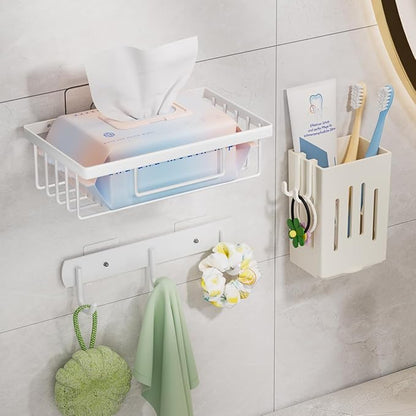 Wall Mounted Bathroom Organizer Set, White, 3-Tier Storage Basket Shelves with Soap Holder, Toothbrush Cup, Hooks for Toiletries, Adhesive Installation
