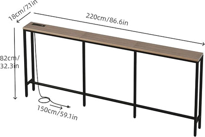 86.6" Behind Couch Table with Fast Charging Station, 7.1" Narrow Skinny Sofa Table with 2 Power Outlets, 2 USB-A, USB-C for Console Entryway, Black Oak