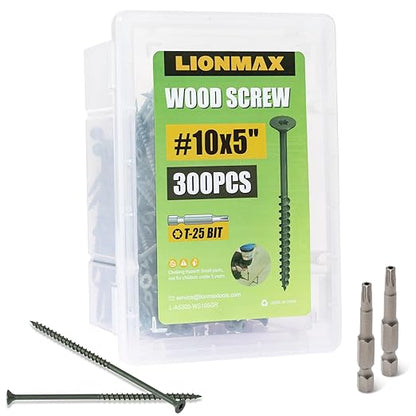 LIONMAX Deck Screws 5 Inch, Wood Screws #10 x 5, 300 PCS, Rust Resistant, Exterior Epoxy Coated, Outdoor Decking Screws, Torx/Star Drive Head Screw, T25 Star Bit Included, Green