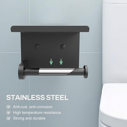 SetSail Toilet Paper Holder with Shelf Adhesive or Screw-in Bathroom Toilet Paper Roll Holders Wall Mount Matte Black Tissue Holder for Bathroom Hardware Accessories, 2 Packs