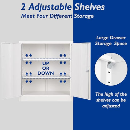 Metal Storage Cabinets with Locking Doors, 36 inch Lockable Steel Office Cabinet with Adjustable Shelves, Small Short Garage Caninet, White Locked Tool Caninets for Home, Office, Garage, Hallway