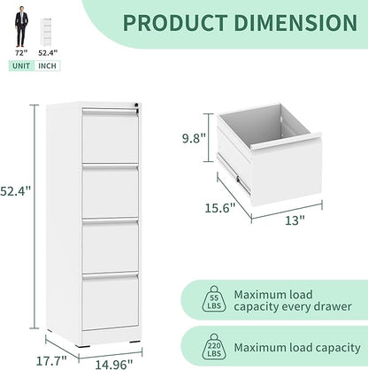 4 Drawer File Cabinet, Vertical File Cabinets with Lock for Home Office,Heavy Duty Office Steel Filing Cabinet for Hanging Letters/Legal/A4, Assembly Required (White)