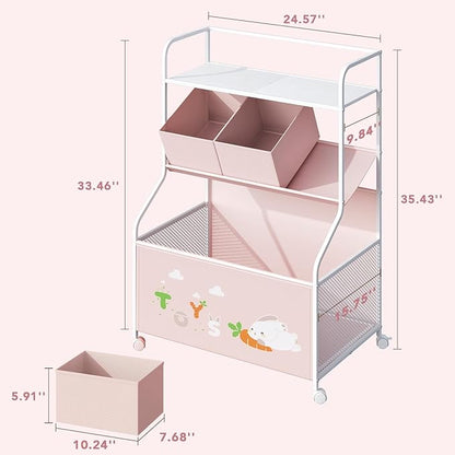 BBLIKE Toy Storage Organizer with Wheels - 3-Tier Kids Large Toy Box, Toy Chest Storage for Boys Girls Toddlers, Kids Bookshelf with 3 Fabric Toy Boxes for Playroom, Pink