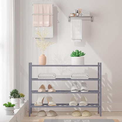 RONGJlA 4 Tier Bamboo Shoe Rack for Closet Free Standing Wood Shoe Shelf Storage Organizer for Entryway Small Space Stackable, Gray