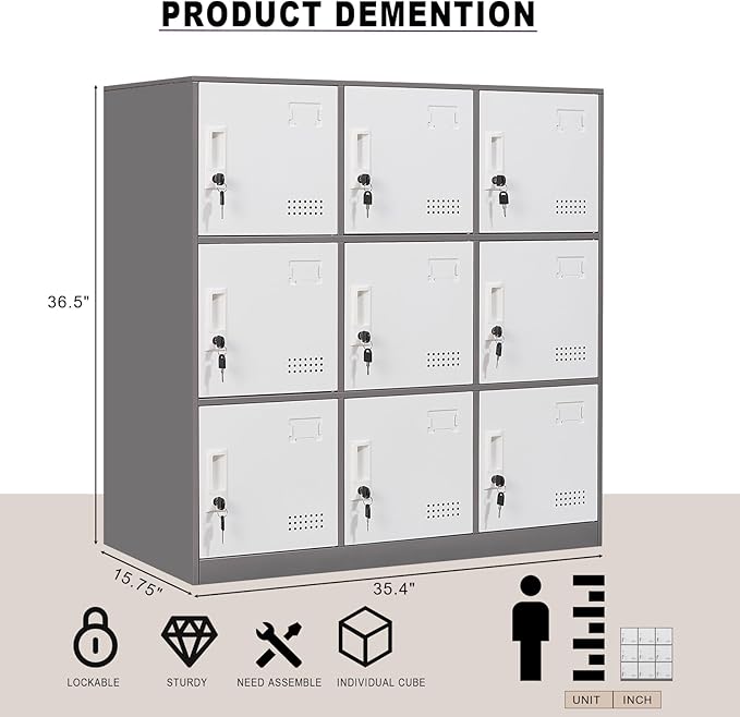 Student Locker Organizer, Multi-Door Steel Locker, Small Locking Cabinet Storage Organizer, Office File Cabinet, Home Locker, Gym Locker, Metal Storage Locker (9 Door, Grey & White)