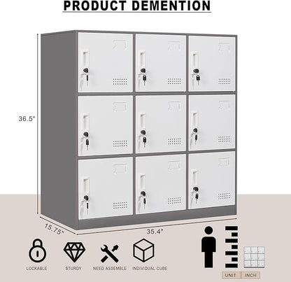 Student Locker Organizer, Multi-Door Steel Locker, Small Locking Cabinet Storage Organizer, Office File Cabinet, Home Locker, Gym Locker, Metal Storage Locker (9 Door, Grey & White)
