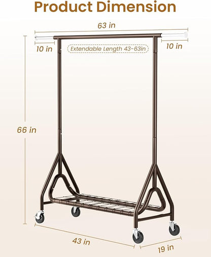 Heavy Duty Clothing Rack, Metal Clothes Rack Load 450 LBS, Rolling Coat Racks for Hanging Clothes with Lockable Wheels, Wardrobe Closet Garment Racks for Bedroom, Brown