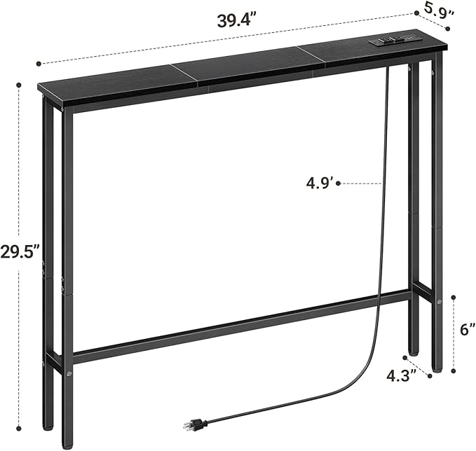 ELYKEN 5.9" Narrow Console Sofa Table with Power Outlets, Total 39.4” Long Behind Couch Table with Charge Station and 5.9’ Extension Cord for Living Room, 5.9" D x 39.4”W x 29.5”H, Black