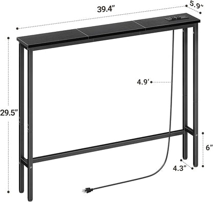 ELYKEN 5.9" Narrow Console Sofa Table with Power Outlets, Total 39.4” Long Behind Couch Table with Charge Station and 5.9’ Extension Cord for Living Room, 5.9" D x 39.4”W x 29.5”H, Black