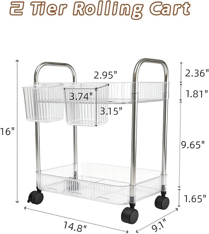 2 Tier Utility Rolling Cart with Wheels Sofa Side Table Small Under Desk Storage Organizer Plastic Mobile Trolley Organization Storage Cart for Kitchen Pantry Bathroom, Transparent