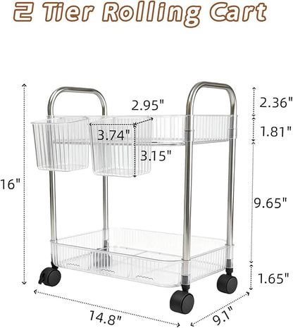 2 Tier Utility Rolling Cart with Wheels Sofa Side Table Small Under Desk Storage Organizer Plastic Mobile Trolley Organization Storage Cart for Kitchen Pantry Bathroom, Transparent